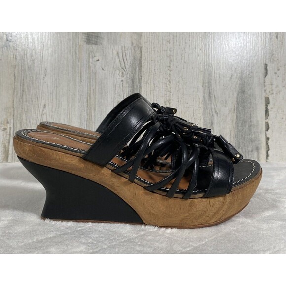 Leifsdottir Olli Wood Wedges Black Tassel Strappy Platform Sandal EU 38 US 7-7.5 - Picture 1 of 11